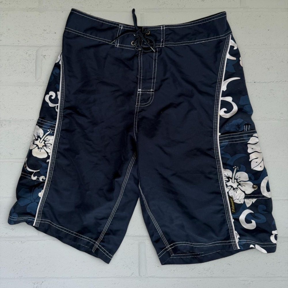 Palmwave Mens Vintage Y2K Hawaiian Hibiscus Navy Blue Board Shorts Size 30